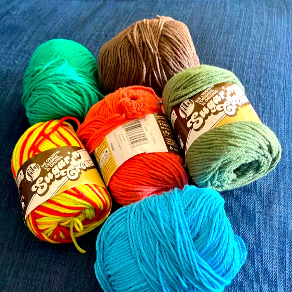 RARE Lot 6 Lily Sugar 'n Cream Cotton Yarn Balls - Colors Full Skeins NEW